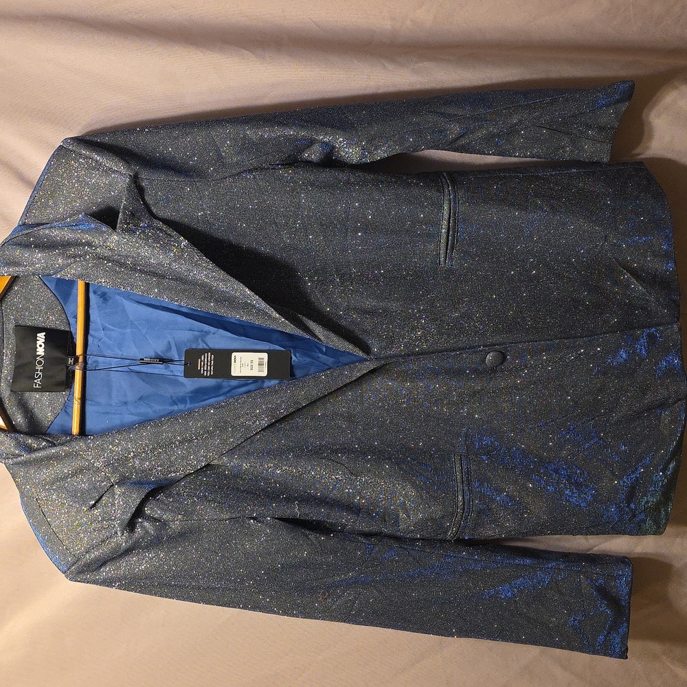 Fashion Nova Silver Glitter Over Blue Dressy Jacket Womens Size XS (Janette #19)